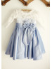 Elbow Sleeves Ivory Lace Blue Taffeta Timeless Flower Girl Dress